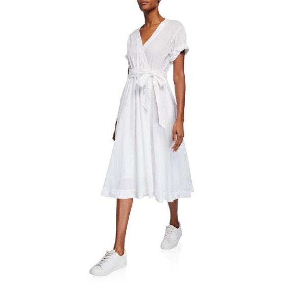 Xirena Winslow Short-Sleeve Faux Wrap Pockets High Low Midi Dress White Size M